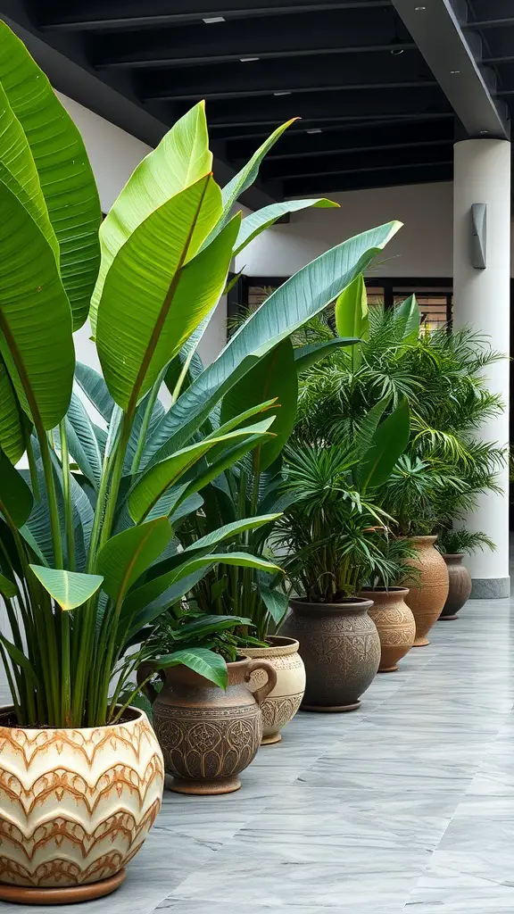 19 Stunning Patio Plant Ideas for Container Gardening 4 Lineup of tropical plants in decorative pots on a patio