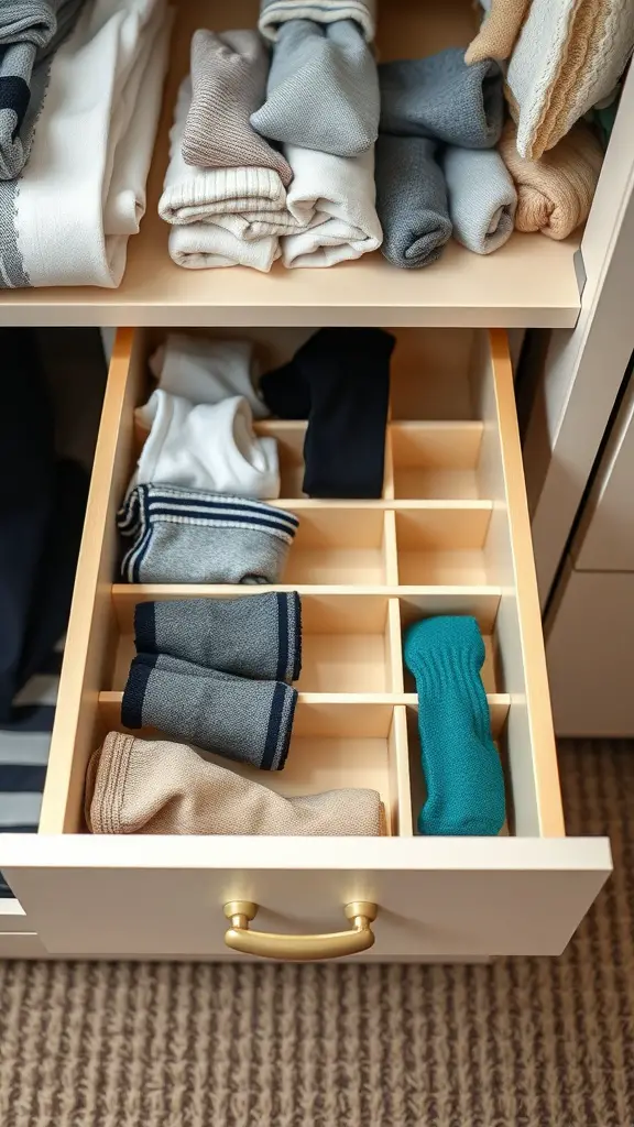 19 Creative Dorm Closet Organization Ideas You Need to Try 4 Organized drawer with dividers holding neatly folded socks
