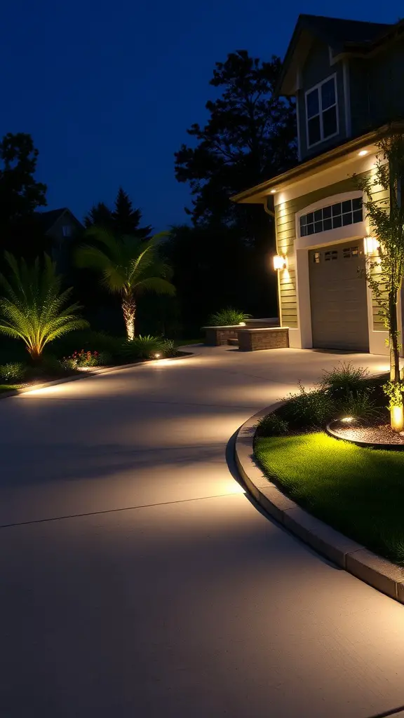 13 Stunning Landscape Lighting Ideas to Transform Your Outdoors 13 A well-lit driveway at night with accent lights surrounding the path and trees.