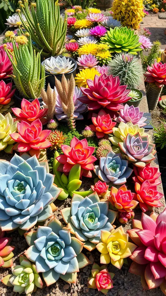 21 Stunning Full Sun Plants for Your Garden 8 A vibrant array of drought-resistant succulents in various colors and shapes.