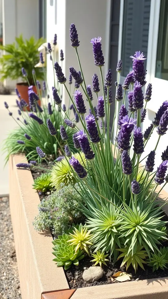 15 Stunning Planter Ideas for Full Sun Gardens 2 A planter filled with lavender and succulents, showcasing a mix of colors and textures.