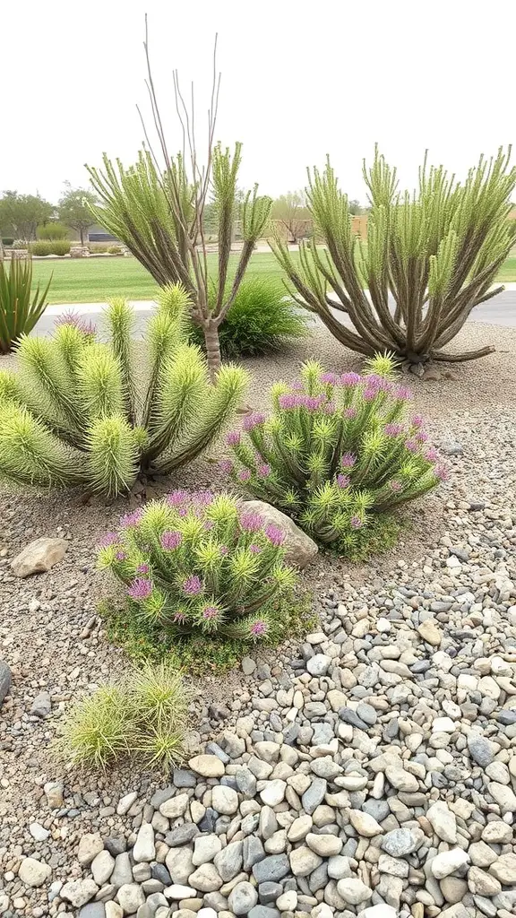 23 Stunning Shrubs for Beautiful Landscaping Ideas 4 A variety of drought-tolerant shrubs in a landscaped area with stones and gravel.