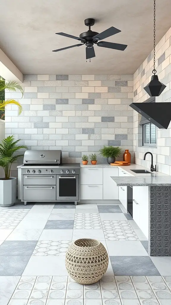 25 Stunning Outdoor Kitchen Flooring Ideas You’ll Love 9 An outdoor kitchen featuring durable porcelain tiles in various patterns and colors, with a grill and modern cabinetry.