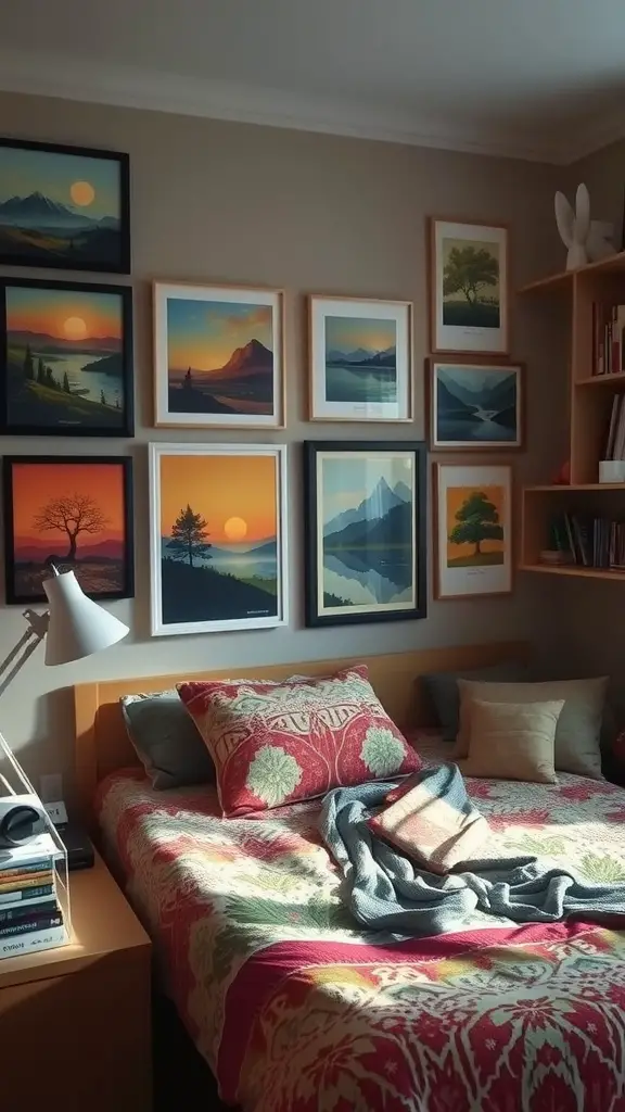 19 Cozy Earthy Dorm Room Ideas to Create Your Peaceful Retreat 11 A dorm room with earthy artwork on the walls, featuring framed landscapes and serene colors.