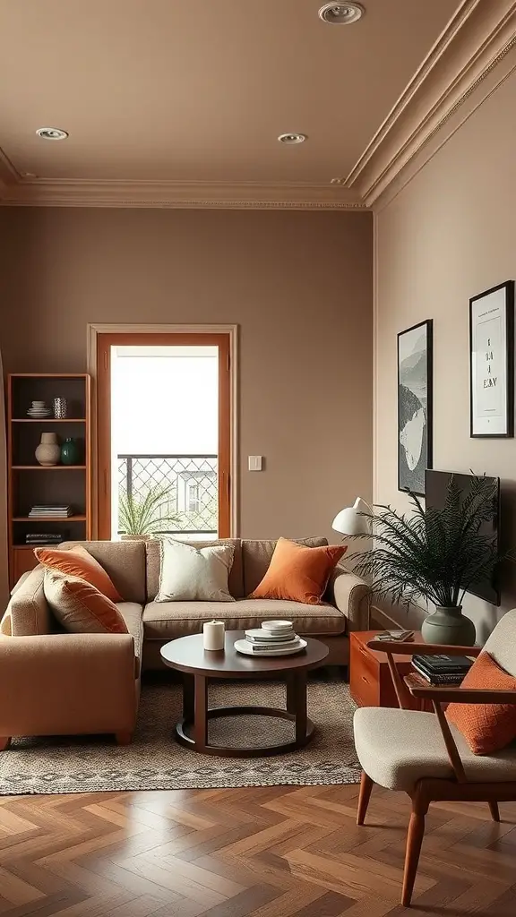 A cozy apartment living room featuring an earthy color palette with beige walls, wooden furniture, and soft furnishings.