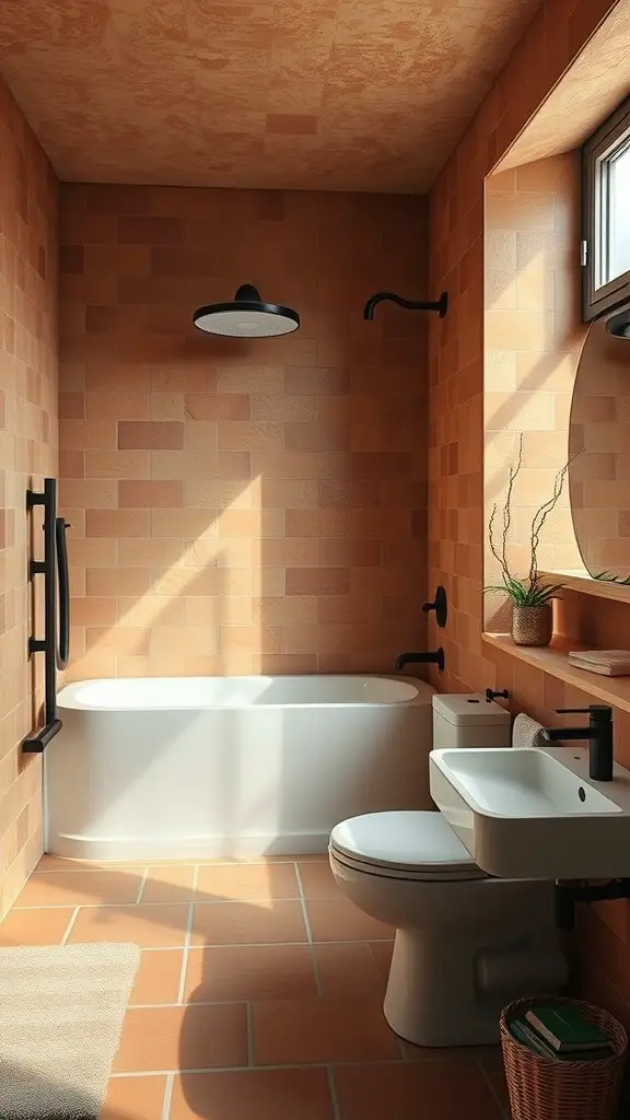 25 Stunning Bathroom Tile Combination Ideas to Transform Your Space 16 A cozy bathroom with terracotta tiles, featuring a bathtub, sink, and natural light.