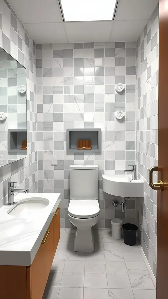 19 Creative Dorm Bathroom Ideas for a Stylish Space 17 Modern dorm bathroom featuring easy-to-clean surfaces, including large tiles and a sleek countertop.
