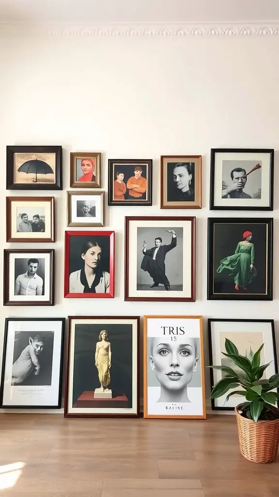 17 Cozy Maximalism Ideas to Transform Your Space 2 A wall showcasing an eclectic artwork display with various framed portraits and prints, accompanied by a potted plant.