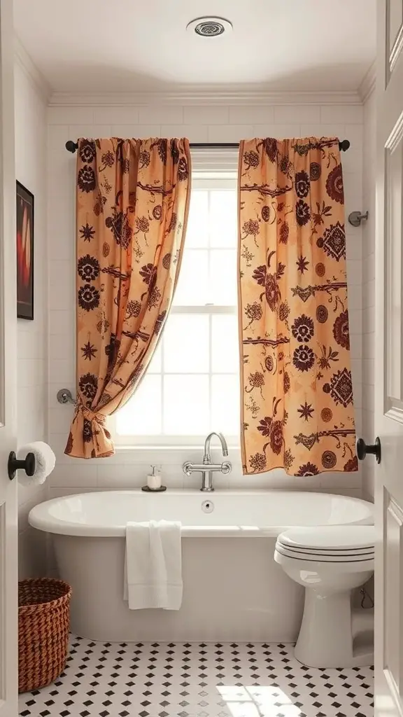 17 Charming Cafe Curtain Ideas for Your Bathroom Style 11 A bathroom featuring cafe curtains with floral patterns, a clawfoot tub, and a woven basket.