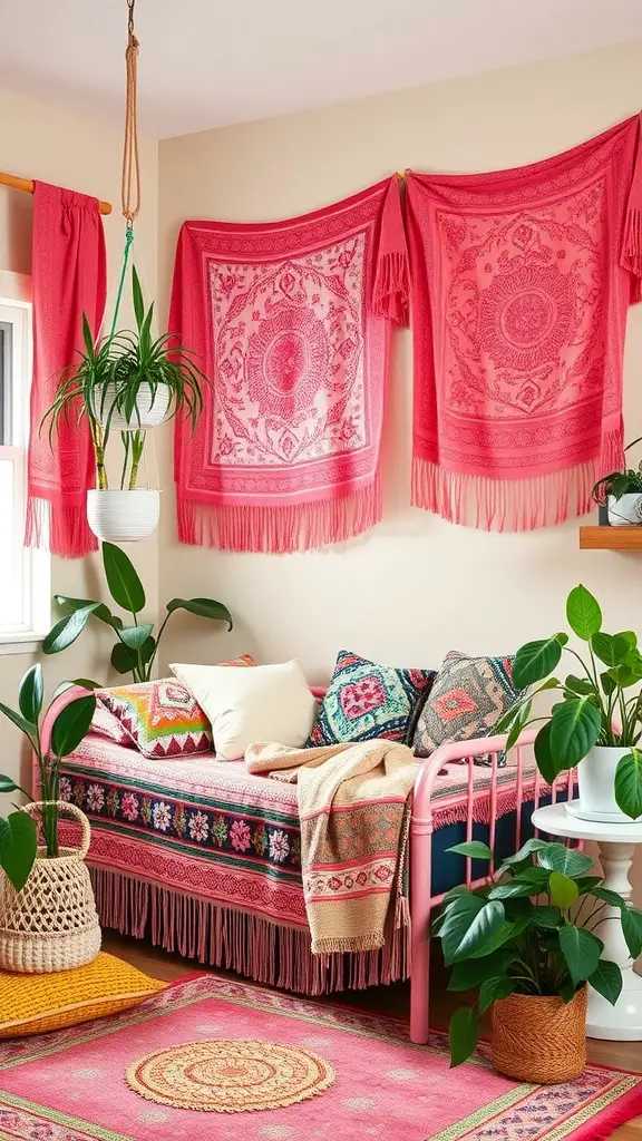 19 Dreamy Pink Dorm Room Ideas to Inspire Your Space 6 A vibrant pink dorm room with a cozy daybed, colorful wall hangings, and lush plants.
