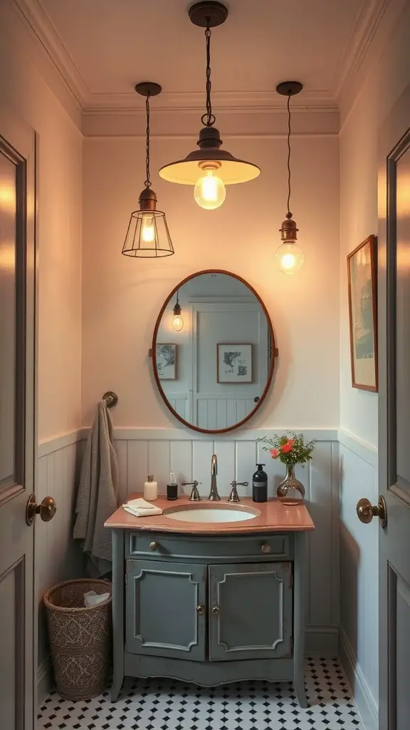 25 Charming Cottage Style Bathroom Ideas to Inspire Your Next Renovation 14 A cozy cottage-style bathroom featuring eclectic lighting fixtures, including a pendant light and two hanging bulbs