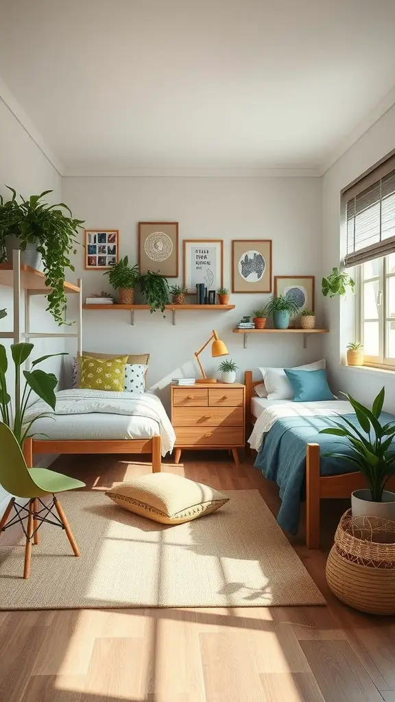 23 Creative Triple Dorm Room Ideas to Maximize Space and Style 16 Bright triple dorm room with wooden furniture, plants, and colorful bedding.