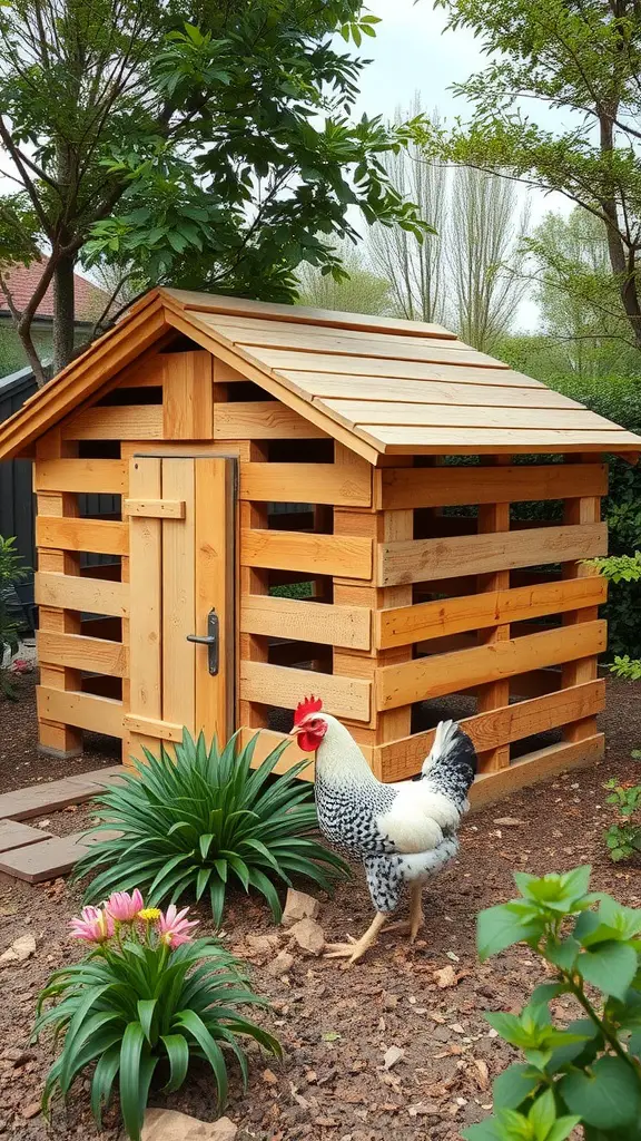 19 Creative Pallet Chicken Coop Ideas You’ll Love 11 Eco-friendly chicken coop made from pallets with a rooster in front.