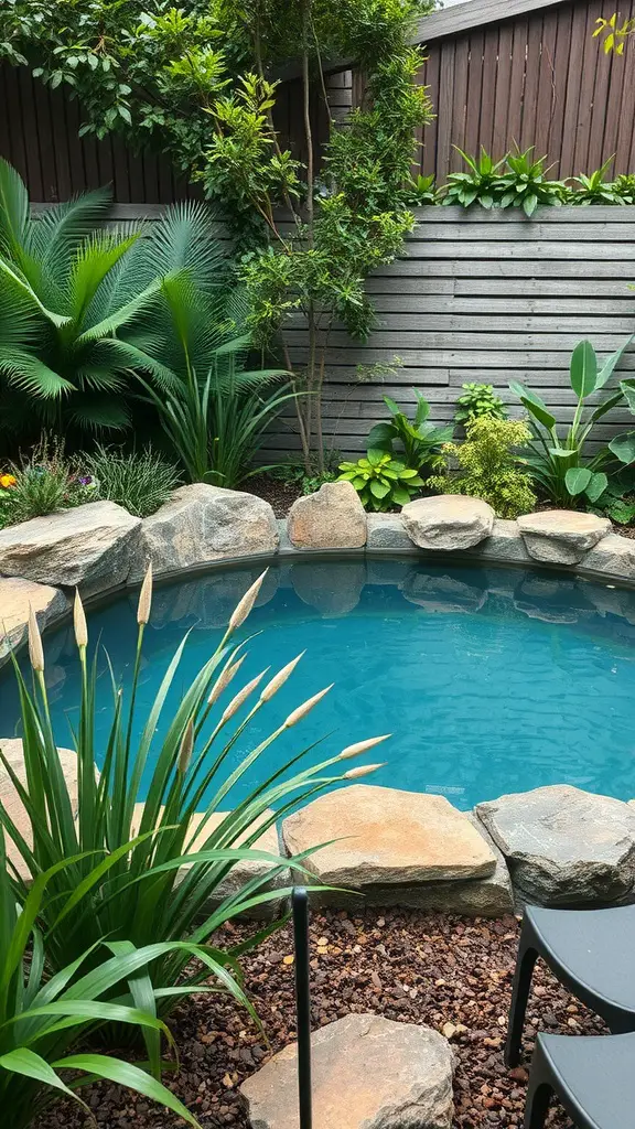 19 Creative Small Inground Pool Ideas for Your Backyard Retreat 12 Small inground pool surrounded by plants and rocks