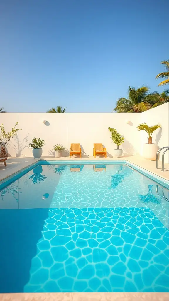 21 Stunning Backyard Swimming Pool Ideas You’ll Love 12 A serene backyard pool with clear water surrounded by plants and two wooden chairs, under a bright blue sky.