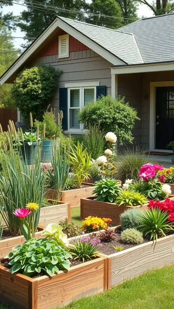 25 Beautiful Raised Flower Bed Ideas for Your Front House 12 Colorful raised flower beds with various flowers in front of a house