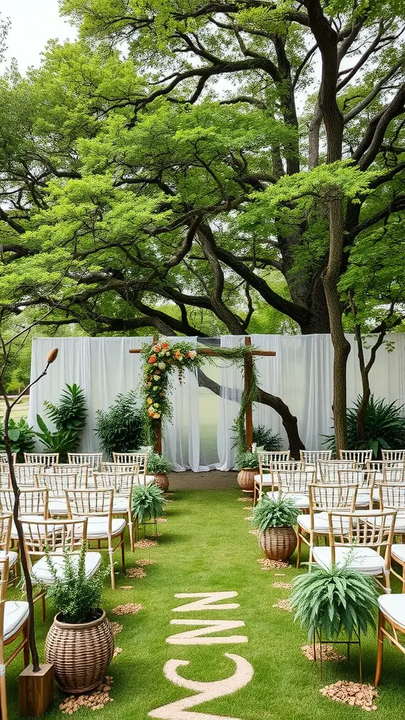 23 Exciting Future Wedding Trends to Inspire Your Big Day 9 An outdoor wedding setup with chairs, greenery, and a floral arch under trees.