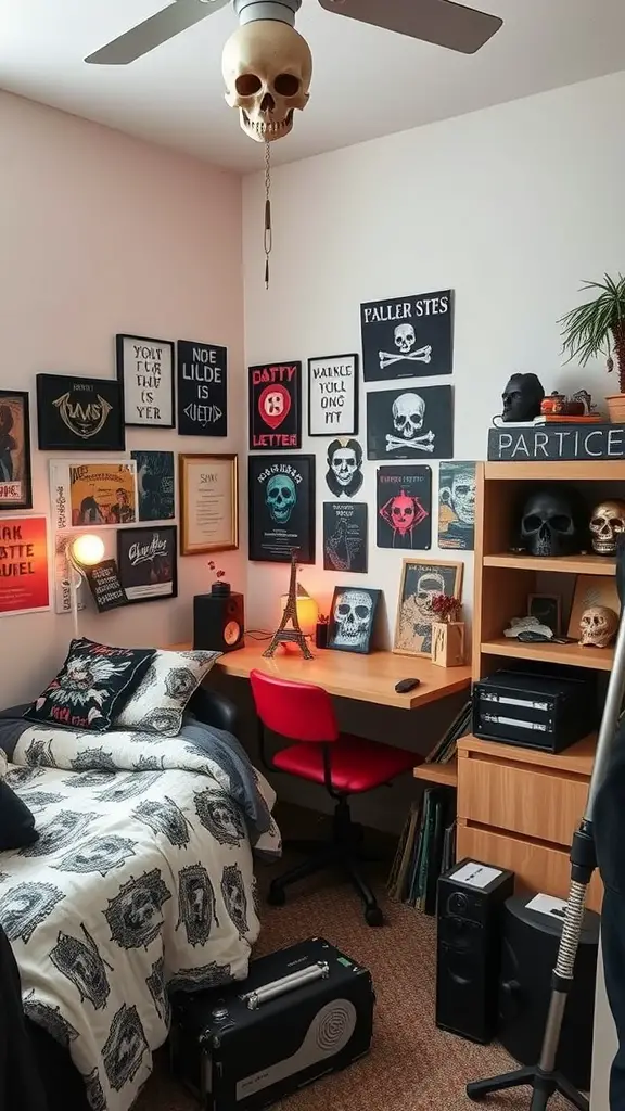 25 Dark Dorm Room Aesthetic Ideas for a Cozy and Chic Vibe 10 A dorm room featuring skull decor, with a skull-shaped ceiling fan, wall art, and stylish bedding.