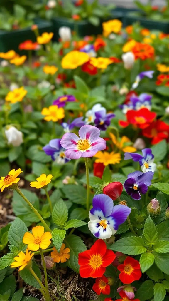 A colorful flower bed featuring a variety of edible flowers like pansies and nasturtiums in vibrant colors.