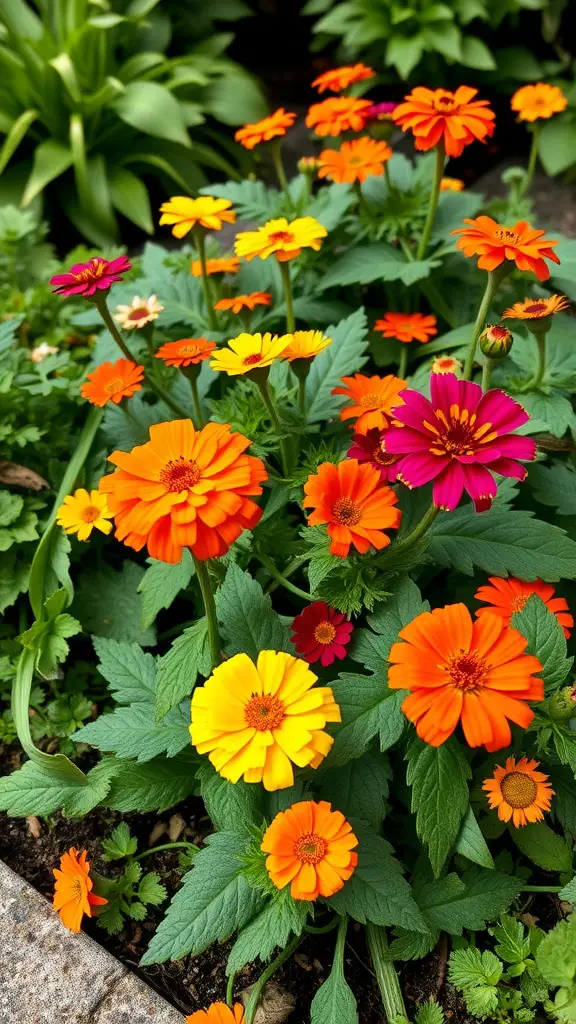 A vibrant garden filled with orange, yellow, and pink edible flowers.