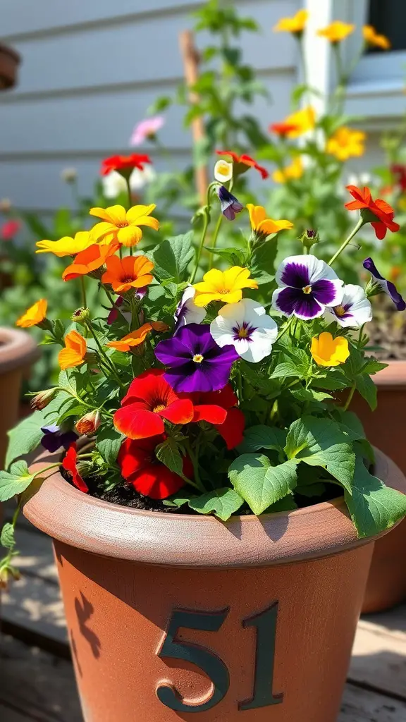 15 Stunning Planter Ideas for Full Sun Gardens 12 A colorful planter filled with various edible flowers like pansies and nasturtiums.