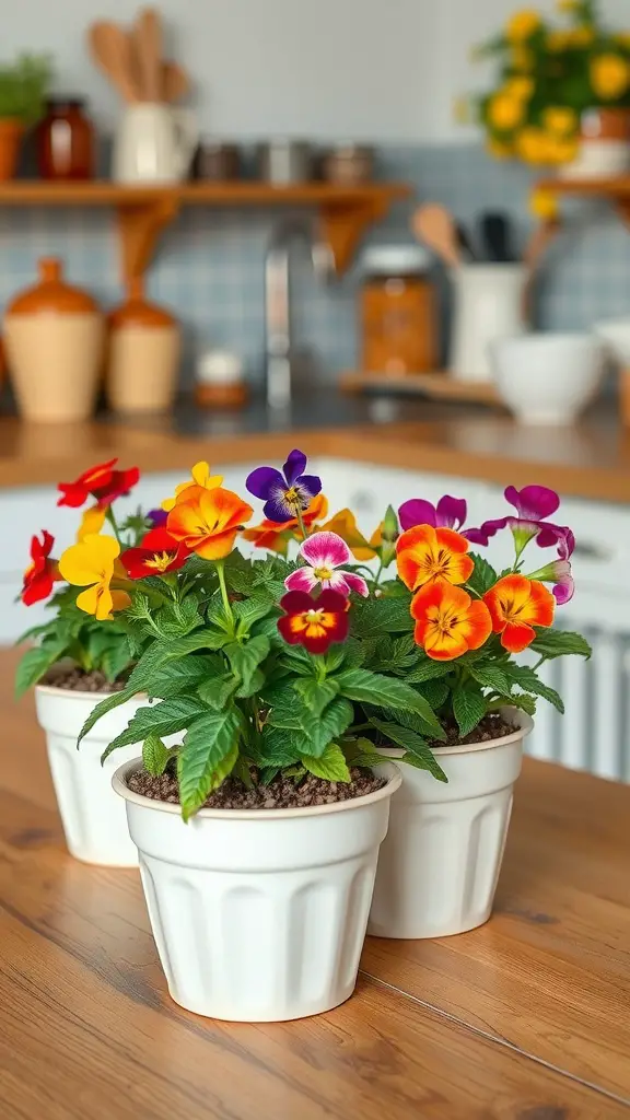 25 Must-Have Kitchen Plants for a Fresh and Green Home 2 Three pots of colorful pansies on a kitchen table