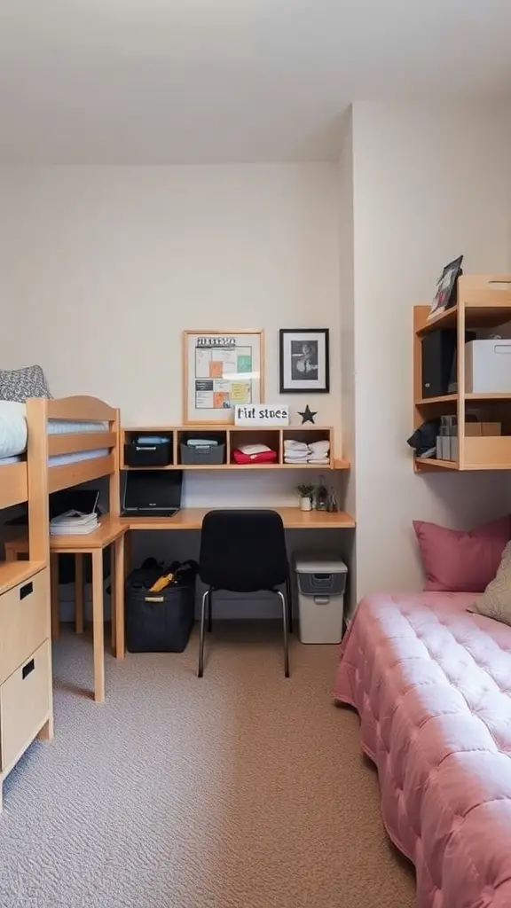 23 Creative Triple Dorm Room Ideas to Maximize Space and Style 5 An organized dorm room featuring bunk beds, a study area, and storage solutions.