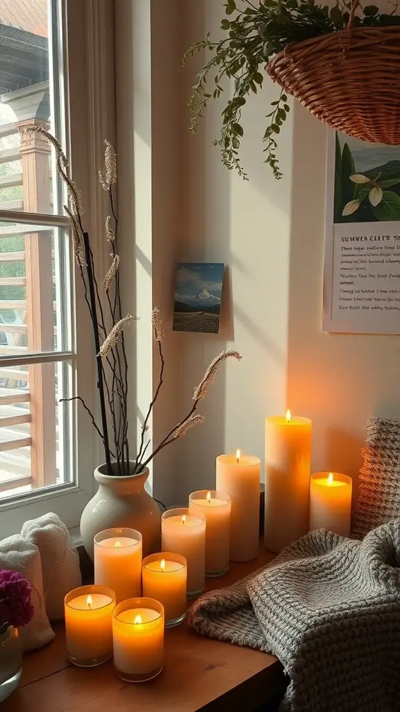 21 Inspiring Summer Room Ideas for a Fresh Look 15 A cozy arrangement of candles in various sizes set on a wooden surface, illuminated with soft, warm light.