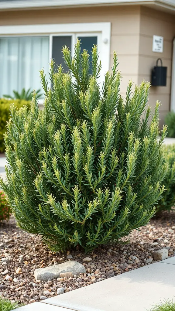 A healthy Elaeagnus shrub with a round shape and vibrant green leaves, surrounded by gravel and close to a house.
