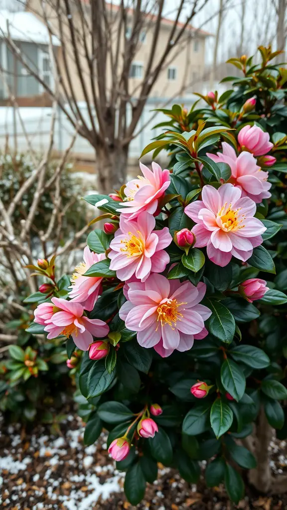 23 Stunning Flowering Shrubs to Transform Your Garden 7 Pink camellias blooming in winter with green leaves
