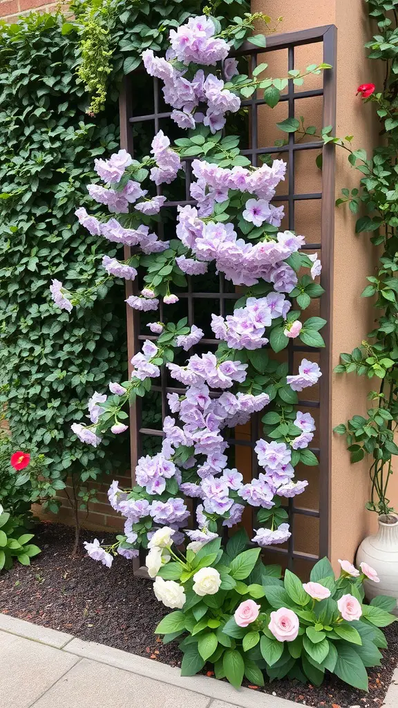 15 Beautiful Corner Flower Bed Ideas for Your Garden 14 A trellis adorned with lavender climbing flowers and surrounding rose bushes in a garden.