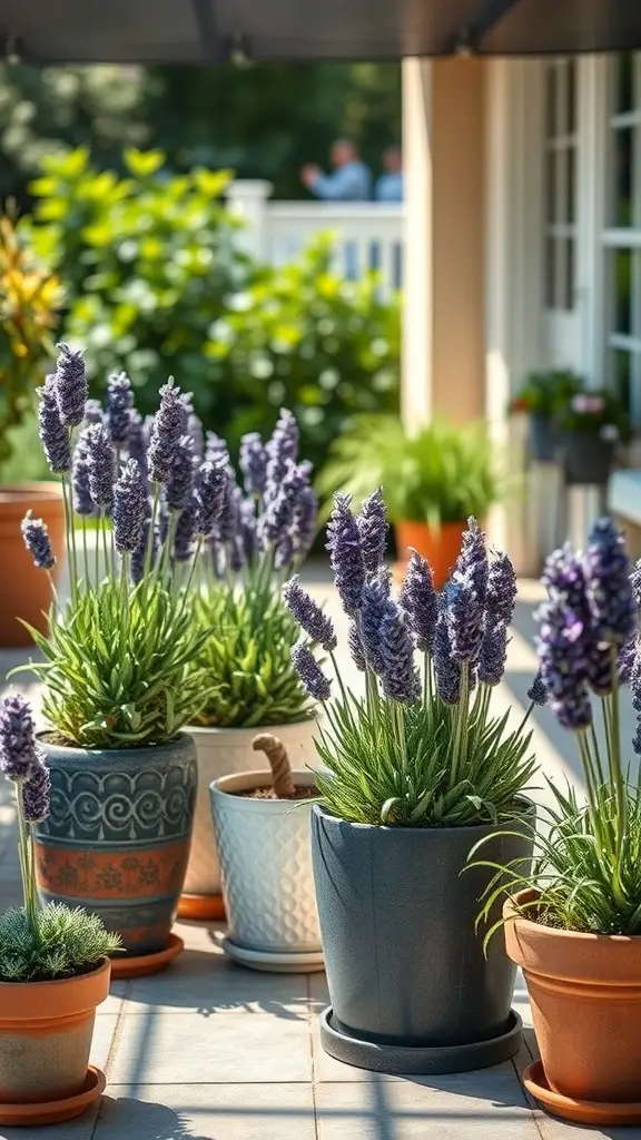 19 Stunning Patio Plant Ideas for Container Gardening 16 A collection of lavender plants in various pots on a patio, showcasing different container styles and vibrant blooms.