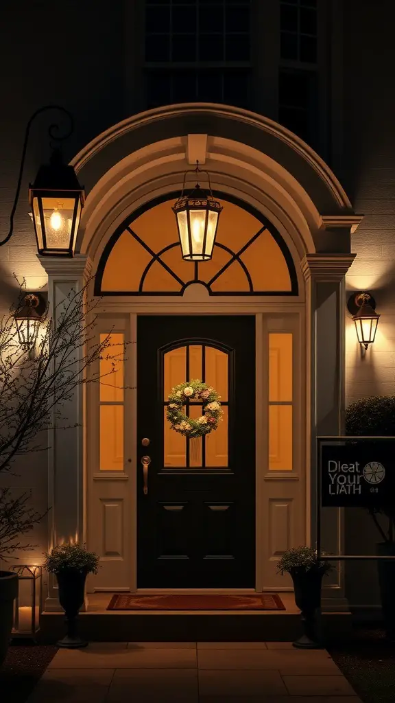 25 Stunning Front Entry Landscaping Ideas for a Welcoming Home 6 A stylish entryway with lantern-style lighting, a dark door, and a decorative wreath, creating a warm inviting atmosphere.