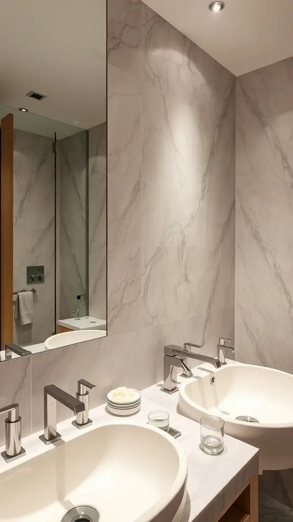 21 Stunning Upstairs Bathroom Ideas You’ll Love 12 Modern upstairs bathroom with dual sinks, sleek faucets, and marble-like tiles