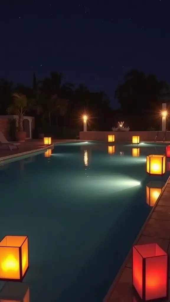 15 Stunning Pool Decorating Ideas to Transform Your Backyard 10 A serene poolside scene at night with floating lanterns illuminating the water.