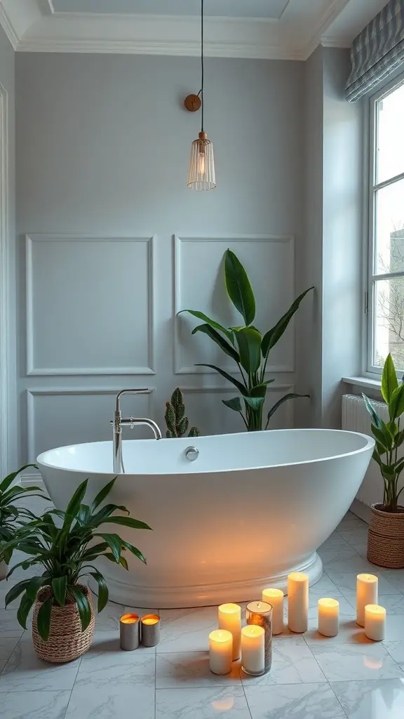 21 Timeless Bathroom Ideas to Transform Your Space 7 A beautiful freestanding bathtub with candles and plants in a serene bathroom setting.