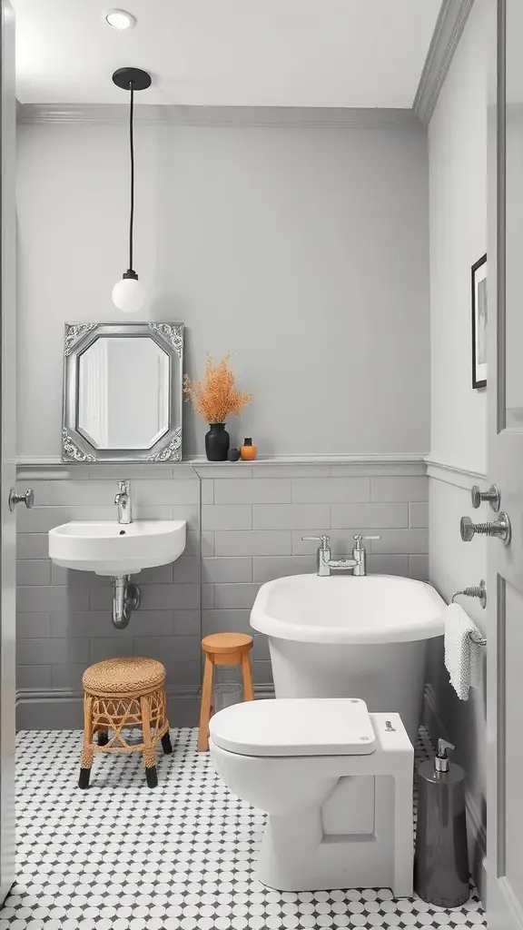 21 Stunning Scandinavian Bathroom Ideas You’ll Love 2 A Scandinavian bathroom featuring grey walls, a white bathtub, and modern fixtures