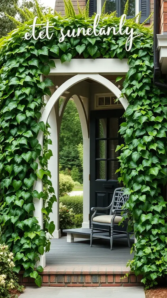 21 Stunning Faux Plants to Elevate Your Front Porch Decor 16 A front porch with elegant ivy vines growing on a trellis, providing a cozy and inviting atmosphere.