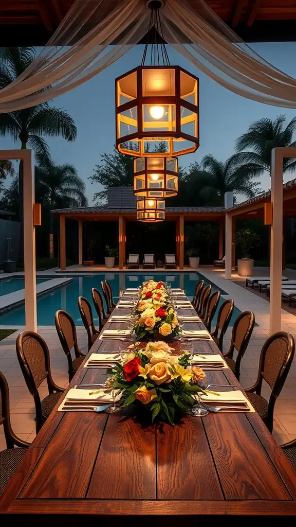 15 Stunning Pool House Ideas for Your Backyard Oasis 4 Open-air dining area with a long wooden table decorated with flowers, surrounded by a pool and lanterns.