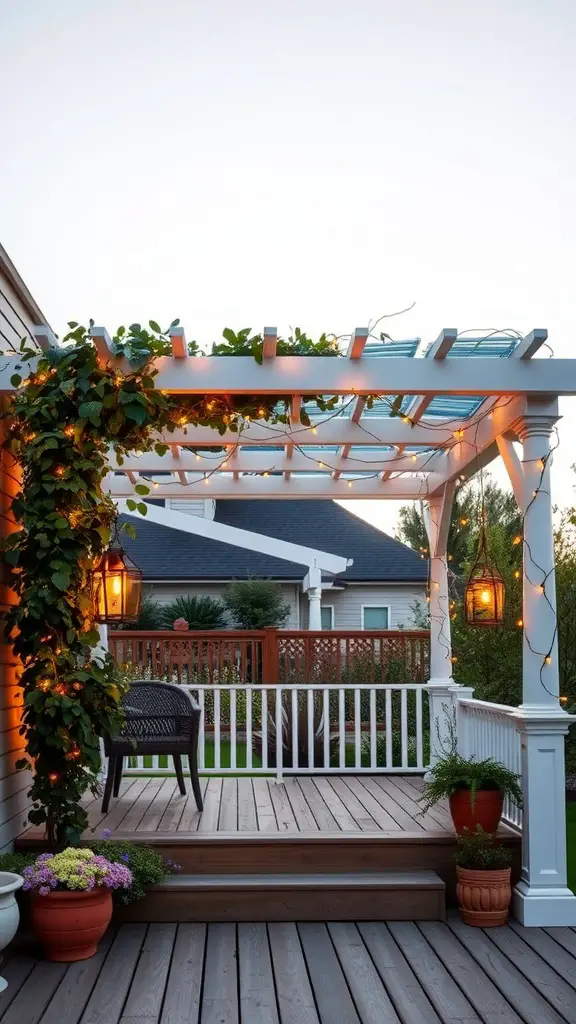 19 Inspiring Front Deck Ideas You'll Love 2 Elegant white pergola with greenery and string lights on a front deck