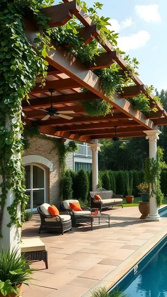 21 Creative Pool Patio Ideas to Elevate Your Outdoor Space 7 A beautiful wooden pergola with greenery providing shade over a pool patio area with comfortable seating.