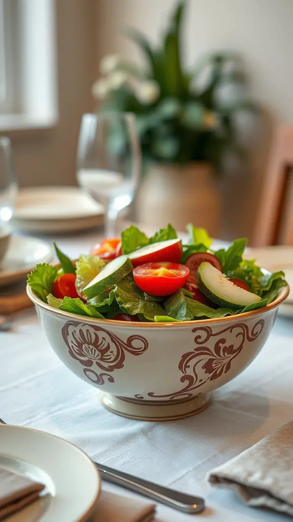25 Functional Pottery Ideas to Enhance Your Home Decor 9 A beautifully decorated serving bowl filled with a fresh salad, set on a elegantly laid dining table.