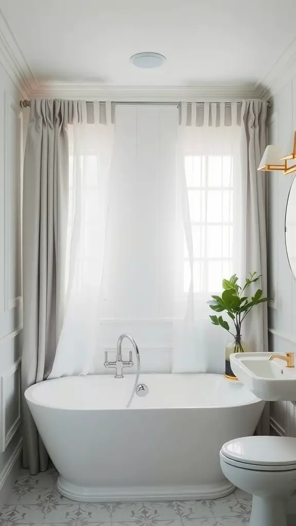 17 Charming Cafe Curtain Ideas for Your Bathroom Style 13 A modern bathroom featuring solid gray cafe curtains, a freestanding tub, and a stylish sink.