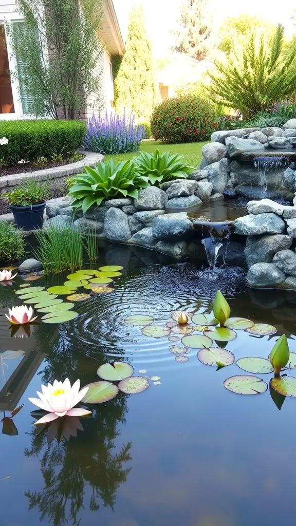 13 Creative Front Yard Landscaping Ideas to Enhance Your Curb Appeal 5 A serene pond with water lilies and a small waterfall, surrounded by lush greenery in a front yard.