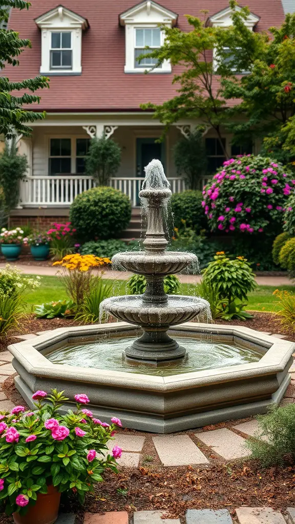 A tiered fountain surrounded by colorful flowers and lush greenery in a front yard.