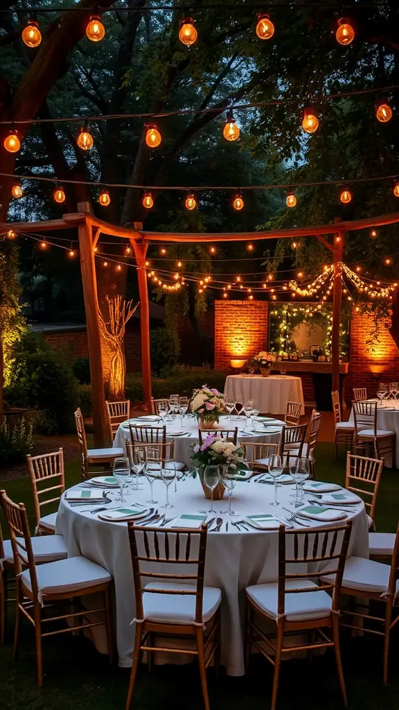 23 Inspiring Outdoor String Lighting Ideas for Your Space 17 A garden wedding reception illuminated by string lights, featuring round tables with white tablecloths and floral centerpieces.