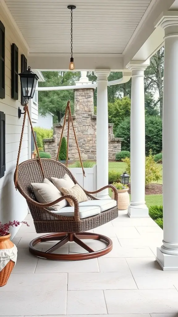 27 Creative Outdoor Swing Ideas for Your Backyard Bliss 4 A cozy wicker swing chair on a porch with cushions, surrounded by greenery.