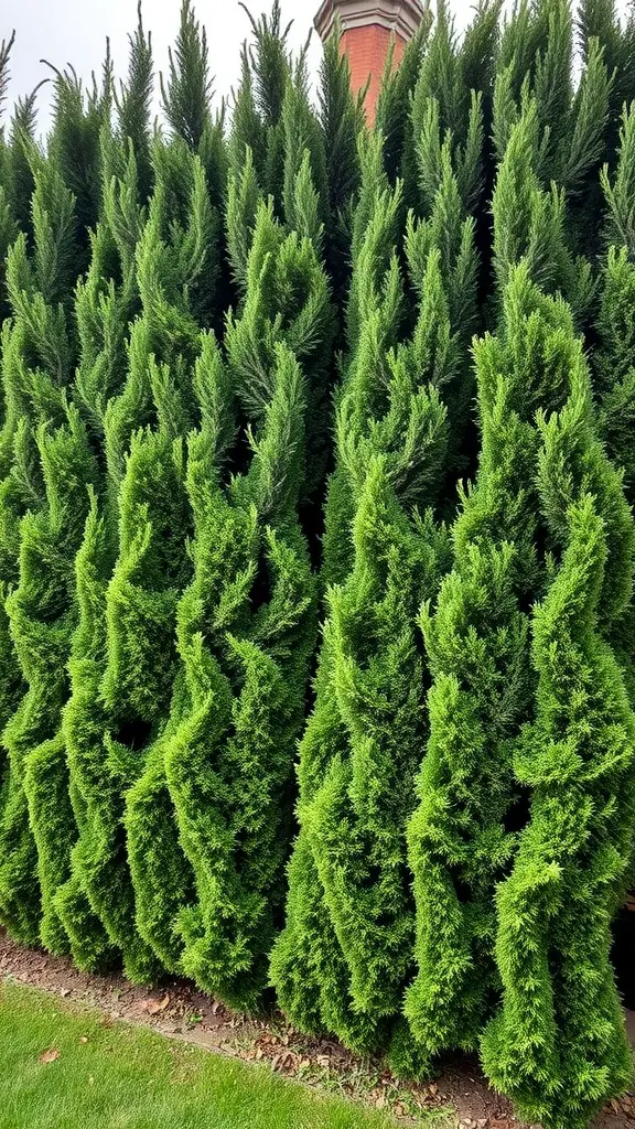 23 Stunning Evergreen Shrubs to Enhance Your Garden 8 A dense row of evergreen yew trees with twisted foliage.
