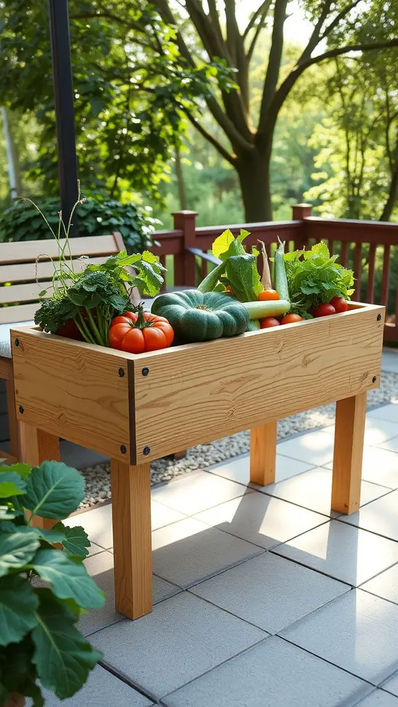 17 Creative Cedar Planter Box Ideas for Your Garden 2 An elevated cedar planter box filled with various vegetables on a patio.
