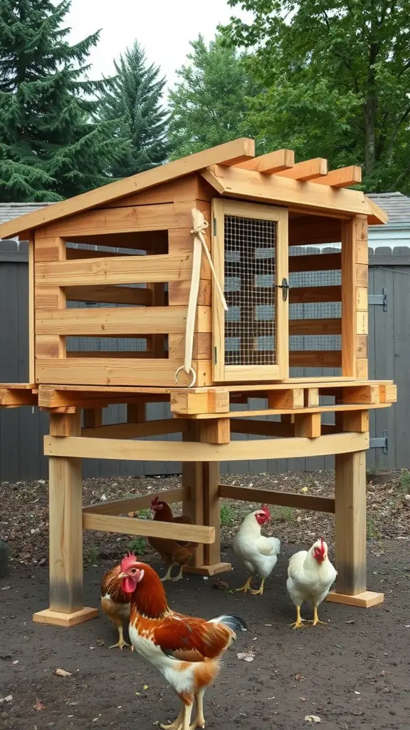 21 Creative Pallet Chicken Coop Ideas You’ll Love 4 An elevated pallet chicken coop with chickens around it